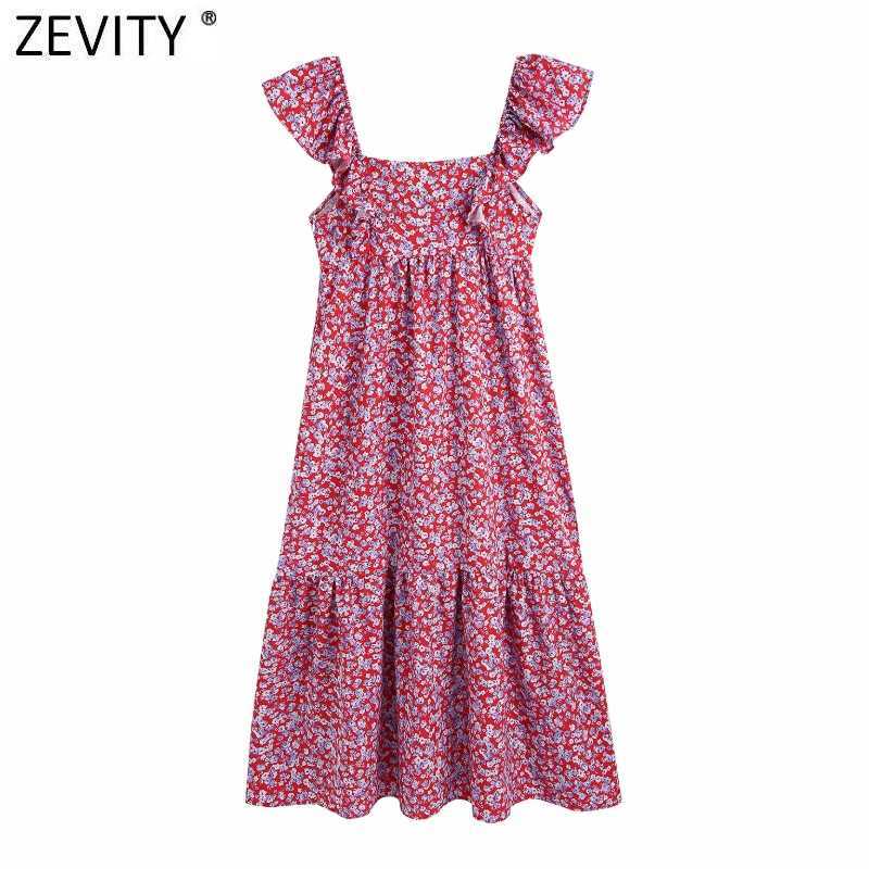 Zevity Women Sweet Red Floral Print Ruffles Sling Midi Dress Female Side Zipper Boho Vestido Chic Casual Summer Dresses DS8317 210603
