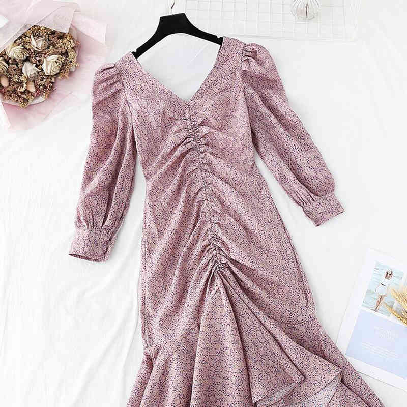 Spring Vintage Floral Chiffon Midi Dress Sexy V-neck Lotus Leaf Fish Tail Dresses Elegant Women Party Long Sleeve Dress 210521