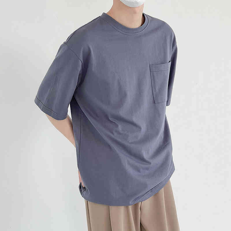 IEFB Small Pocket Solid Color Short Sleeve Men's Round Neck Simple Loose T-shirt Summer Causal Black Tee Tops 9Y7581 210524