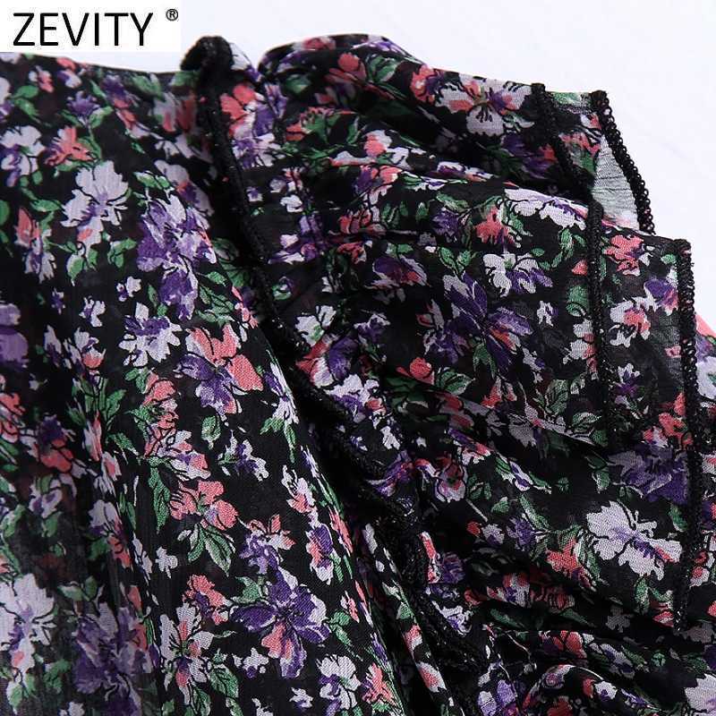 Zevity Women Vintage V Neck Floral Print Chiffon Smock Blouse Office Lady Cascading Ruffle Short Shirts Chic Blusas Tops LS7409 210603