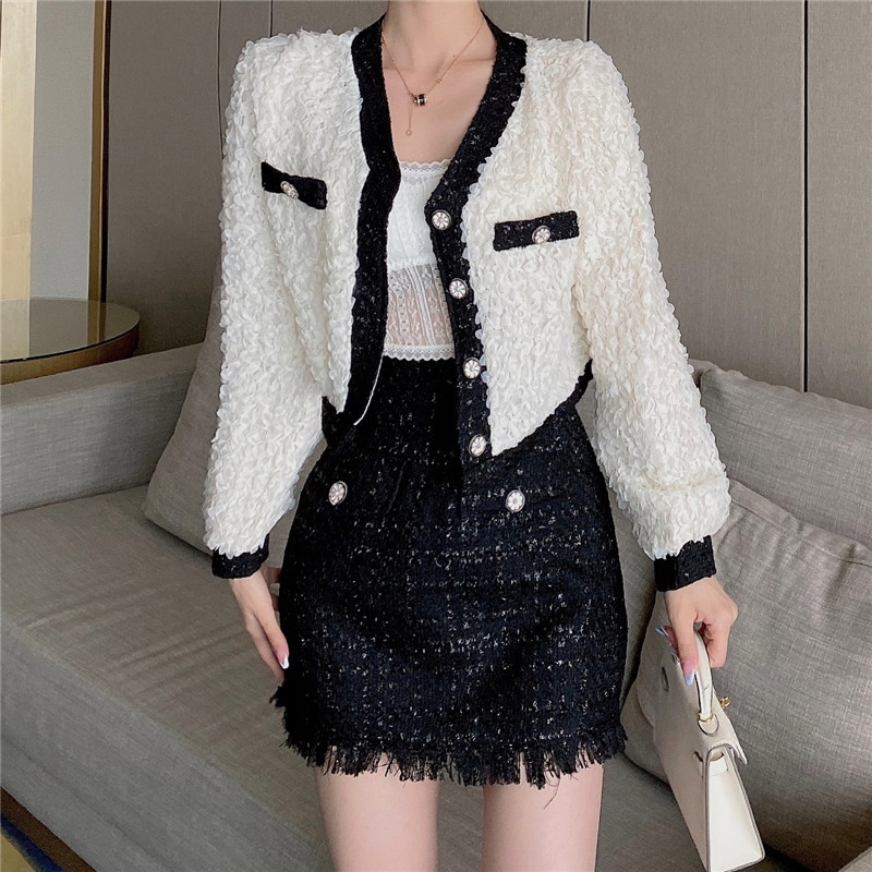 Spring Women 2 Pieces Sets Korean Fashion Elegant Single-Breasted Coat + High Waist Tassel Tweed Mini Skirts Outfit 210519