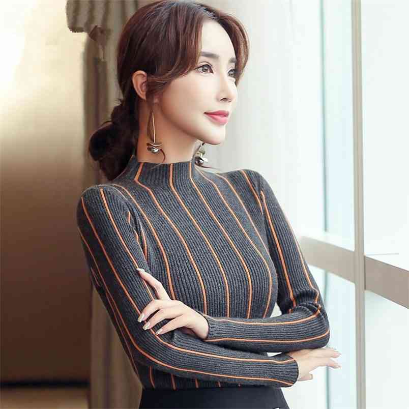 Autumn Winter Long-sleeved Women's Half-high Collar Vertical Stripes Slim-fitting Sweater Bottoming Pullover 210427