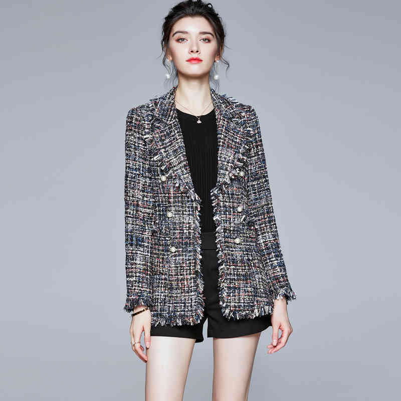 jackets Tweed Tops Fashion Slim Turn Down Collar Long Sleeve Medium-length Coat Women's clothes flower 882J 210420