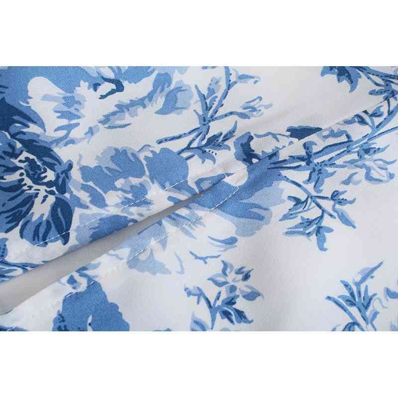 Retro Blue White Floral Print Mid Long Slit Dress Woman Vintage French Split Back Elastic Cuff Chiffon Dresses Holiday 210429