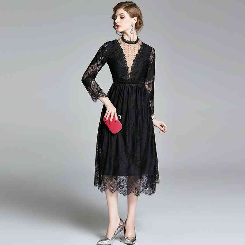 Sexy Hollow Out Patchwork Bottoming Lace Dress Women Elegant Vintage Black Dresses OL See Through Work Vestidos 210520