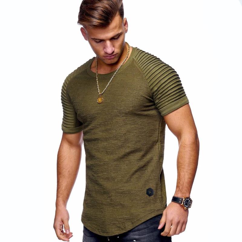 summer solid color design striped ruffled sleeve mens T-shirt Slim round neck T-shirt casual T-shirt solid color Clothes