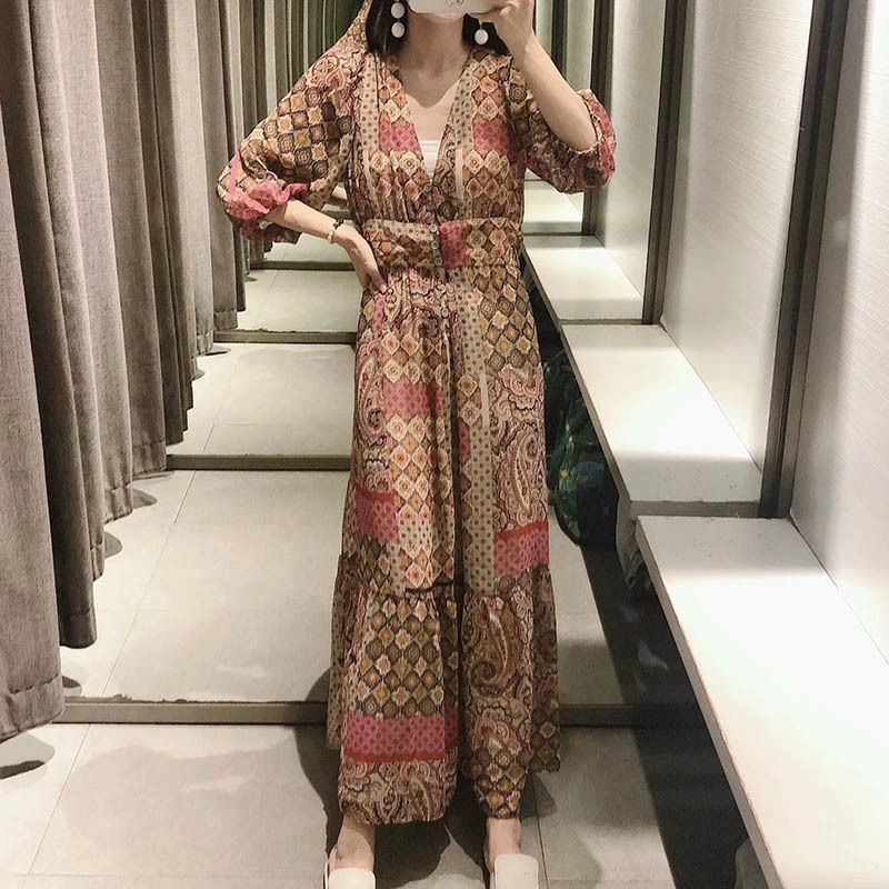 Boho V-Neck Ral Lantern Sleeve Pleated Chiffon Maxi Dress B3