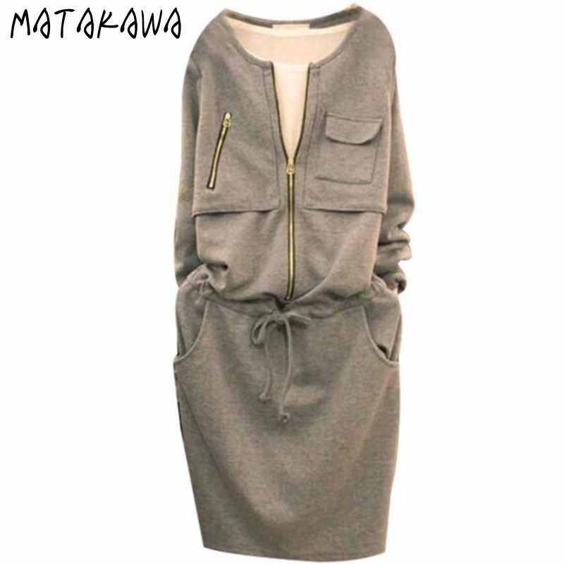 MATAKAWA Long-sleeved O-Neck Sweatshirt Woman Dress Korean Autumn Fashion Casual Femme Robe Straight Vestidos 210513