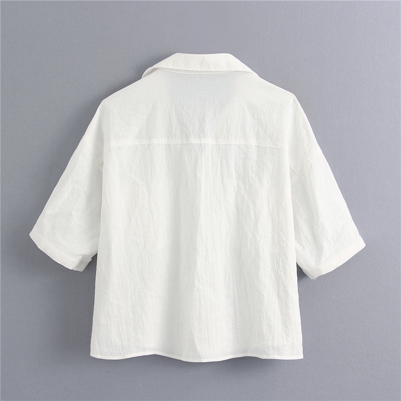 Fashion Spring Pockets Loose Linen Blouses Vintage Short Sleeve Side Vents Female Shirts Chic Tops Women 210508