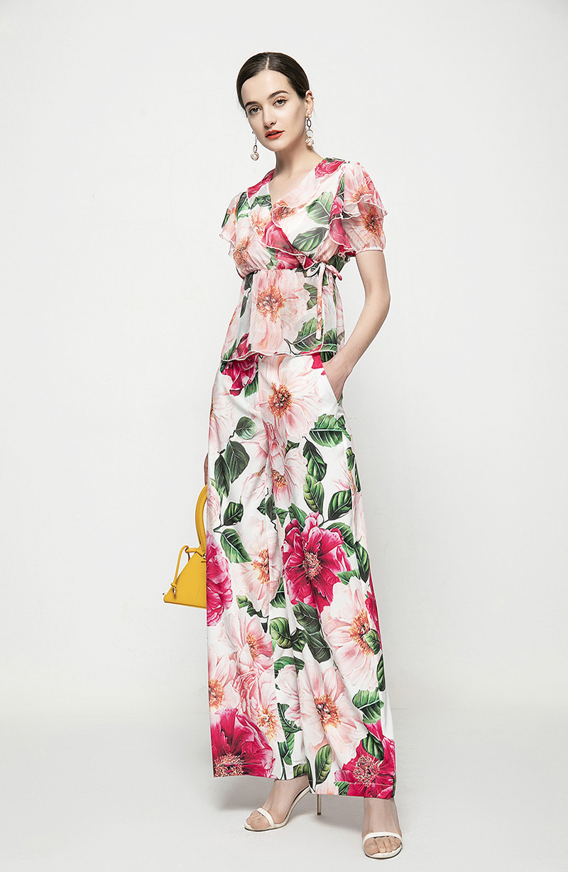 Women's Two Piece Pants Sets Turn Down Collar Short Sleeves Ruffles Blouse Tops with Floral Long Pant Fashion Runway Twinsets