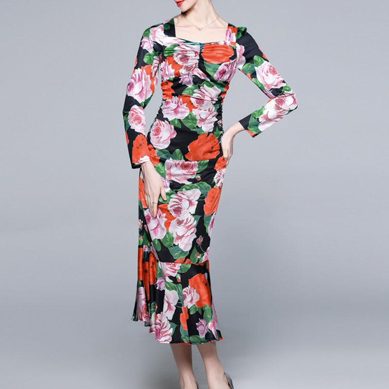 spring summer arrival rose flower square collar long sleeve meirmaid midi dress for women draped party causal dresses 210421