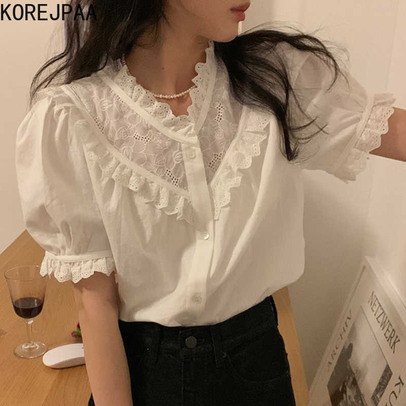 Korejpaa Women Shirt Summer Korean Chic Ladies Retro Style V-Neck Lace Stitching Single-Breasted Puff Seeve Blouses 210526