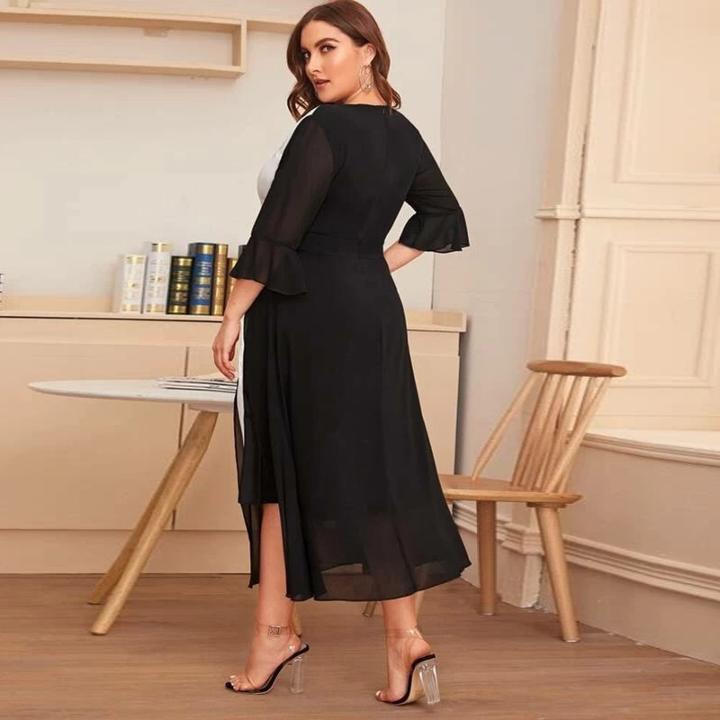 White And Black Contrast Color Elegant Dress Women Summer Three Quarter Sleeve Casual Dress Plus Size Maxi Long Dresses 210331