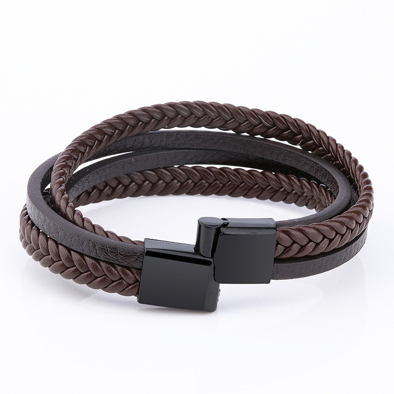 Vintage Men's Style Woven Black Brown Leather Cuff Magnetic Snap Bracelet for Gift