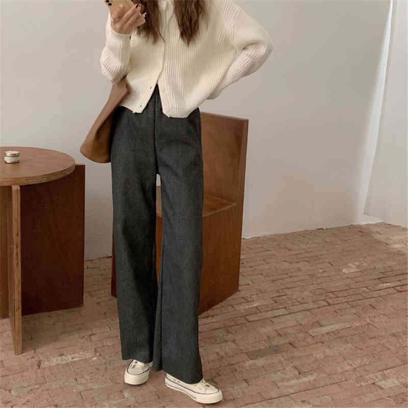 Black High Waist Straight Pants Women Solid Chic Woolen Elegant Minimalist All Match Casual Trousers 210421