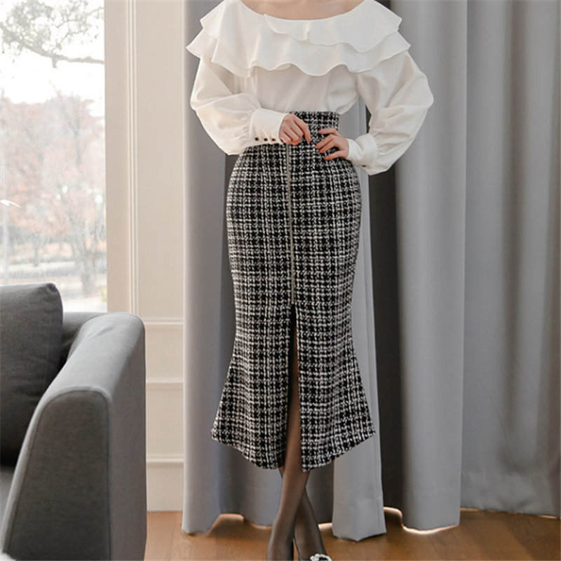 OL Elegance Women Mermaid Houndstooth Sexy Woolen Streetwear High Waist Quality Trumpets Vintage Long Skirts 210421