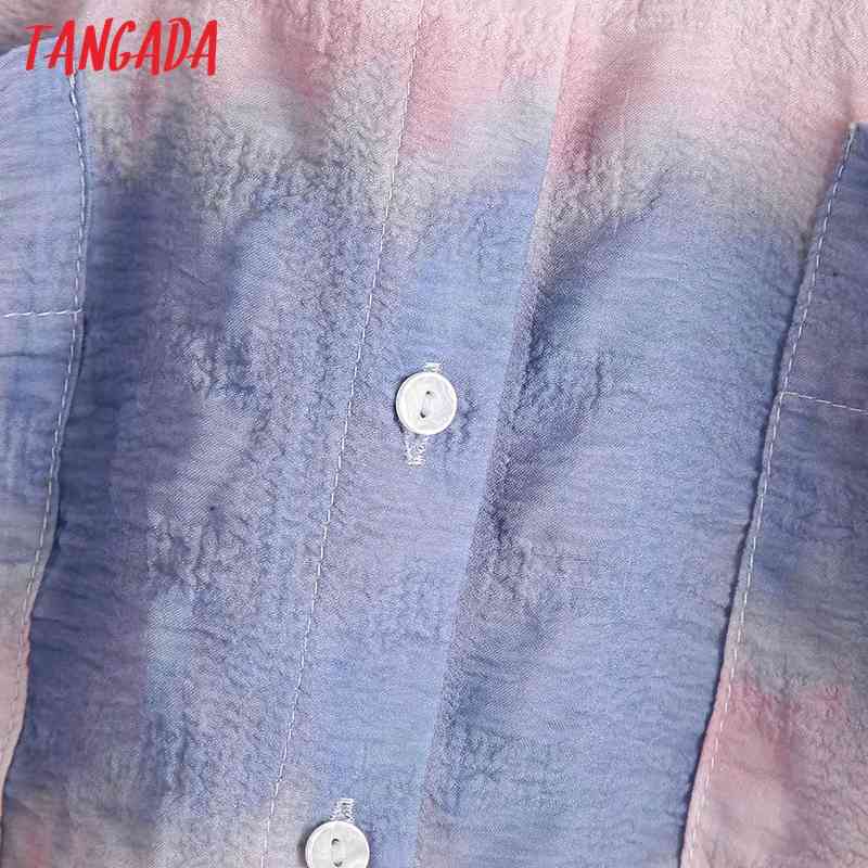 Fashion Women Pockets Tie-dye Cropped Blouses Vintage Short Sleeve Female Shirts Chic Tops BE516 210416