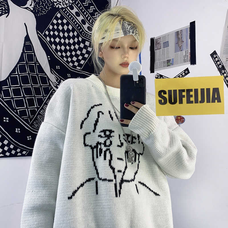 Woherb Vintage Turtleneck Pullover Sweaters for Women Harajuku Streetwear Autumn Winter Loose Cartoon Knitted Tops Jumpers 211018