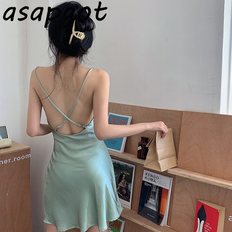 Dresses Sexy Summer Slim Plus Size Backless Green Satin Women Mini Temperament Sleeveless Black Silk Strap 210429