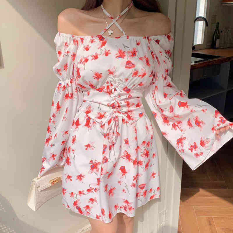 Fashion Women Sexy Halter Flower Print Chiffon Dress Summer Long Sleeve High Waist Casual Beach Party With Girdle 210519