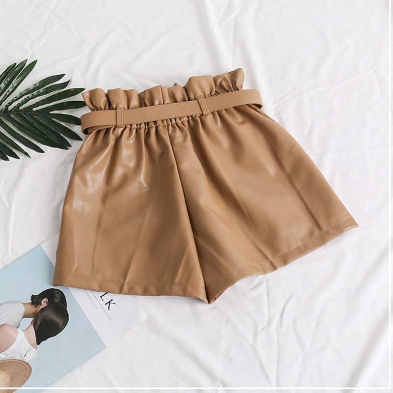 Elastic High Waist Loose PU Leather Shorts Women England Style Sashes Wide Leg Short Ladies Sexy Autumn Winter 210714