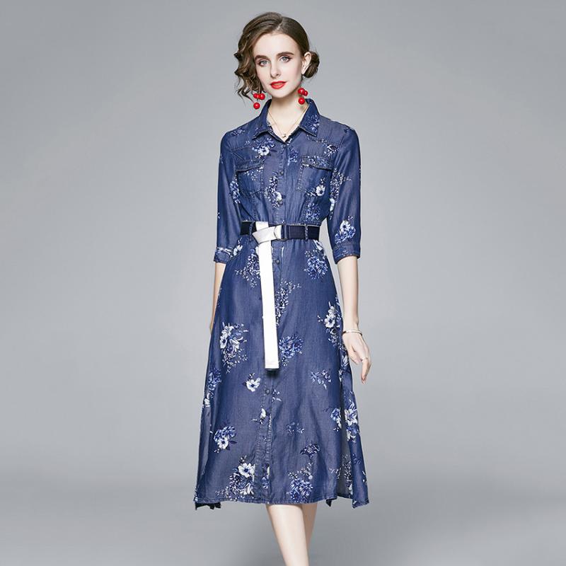 Women Summer Denim Dress Retro Floral Print Casual Long Jeans Shirt High Quality Fashion Soft Robe Femme 2021 Dresses