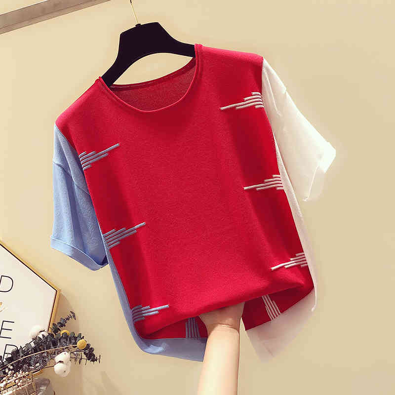 Casual Short Sleeve Ladies Tops Korean Pink O-Neck Blouse Women Blusas Mujer De Moda Summer Thin Knitted Tee Shirt 9761 210506