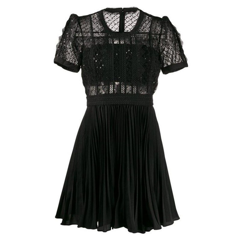 Fashion Black Lace Hollow Out Short Sleeve Summer Dresses Women's O-Neck Pleated Dress Vestidos 210520