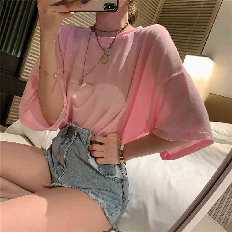 Back-open Chain Women T Shirt Tops Summer Short Sleeve O-neck Loose Solid Tees Sexy High Street Female T-shirts Femme 210514