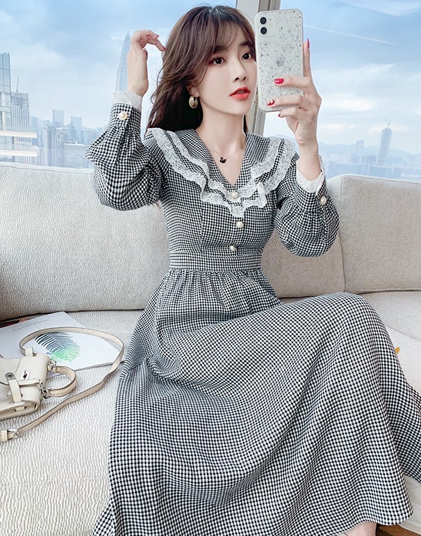 Spring Korean Vintage Temperament Office OL Plaid Casual Single breasted High Waist Slim Big Swing Elegant Dress Vestidos 210519