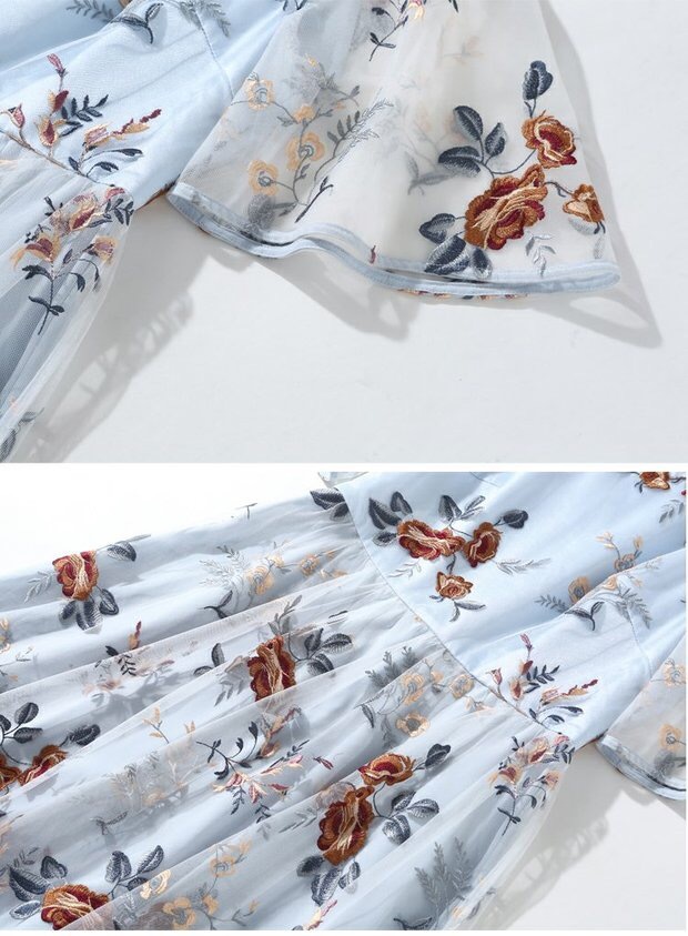 elegant summer maxi dress women light blue flower mesh dresses embroidery floral prairie chic drees beach vestidos mujer 210421