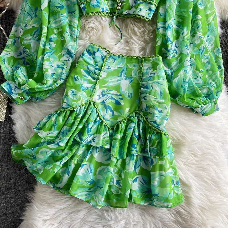 Sexy Chiffon Two Piece Set Women Spring Autumn Elegant V-Neck Long Sleeve Short Tops + Ruffle Mini Skirt Female Printed Suit 210708