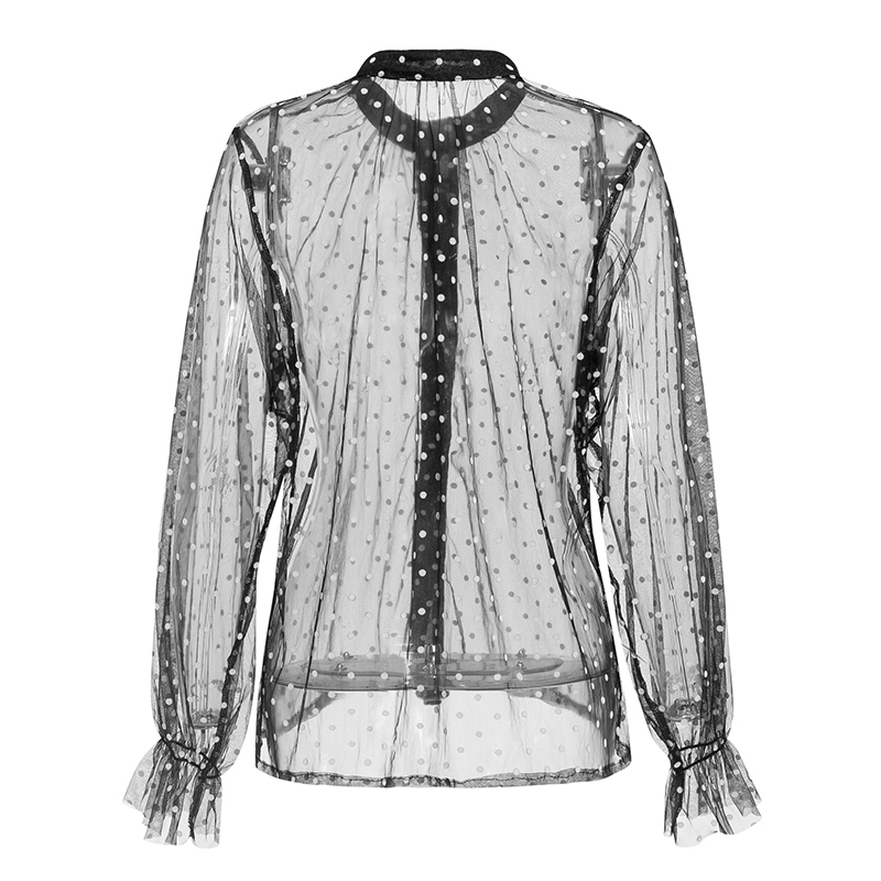 Mesh Women Tulle Blouse Shirt Polka Dot Female Black Tops Button Puff Sleeve Vintage Top Sexy Sheer 210427