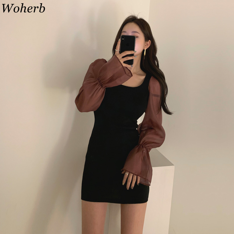 Women Dress Korean Clothes Puff Less Square Collar Slim Fit Vestidos Sweet Solid Robe High Waist Mini Dresses 92667 210422