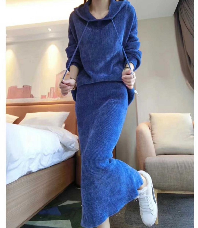 Fashion Autumn Women Two Piece Set Ladies knitting Hooded pullover Tops+high waist Midi Skirt Casual 210519