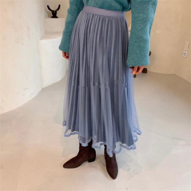 Chic Female OL Elastic-Waist Mesh Slim Regular Women High Waist Solid Elegant Fashion Feminine Long Skirts 210421