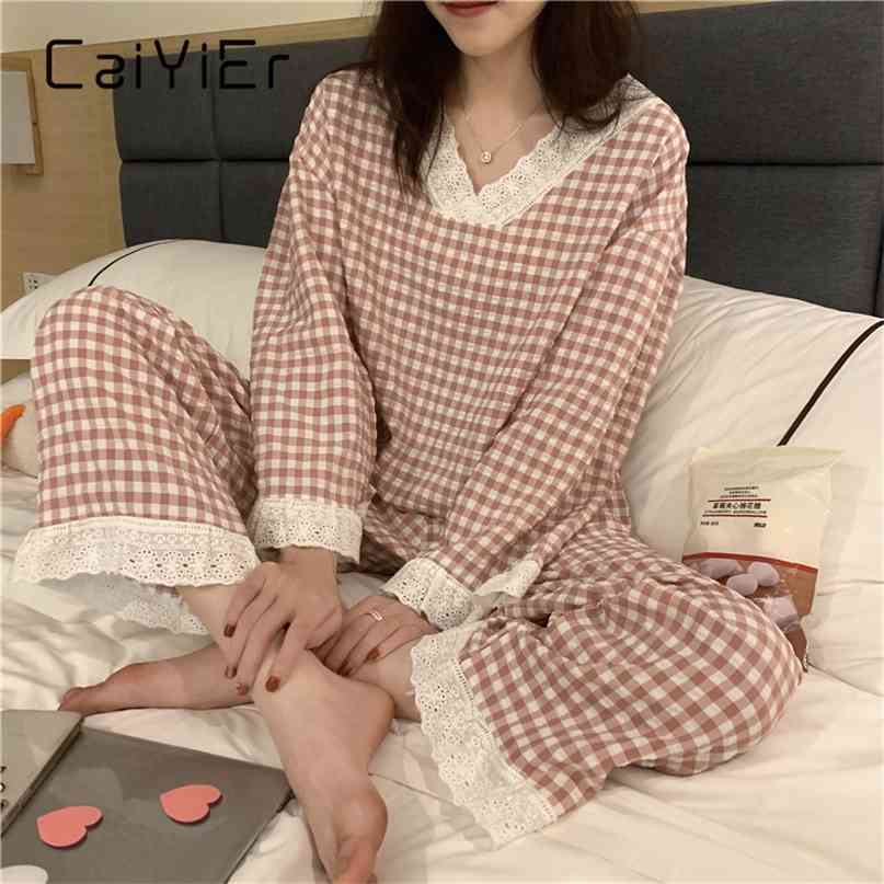 CAIYIER Korean Ulzzang Pink Plaid Print Pajamas Set Lovely V-Neck Girls Nightwear Loose Casual Long Sleeve Winter Homewear Suit 210924