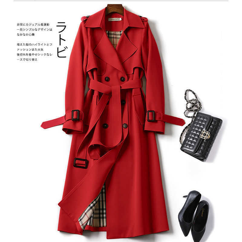 Women's Long Trench Coats Lapel Double Breasted Slim Windbreaker Korean Elegant Belted Solid Coat Ladies Autumn Outwear 210820