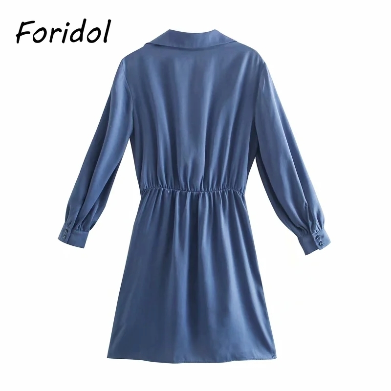 Foridol Bowknot Long Sleeve Satin Dress for Women Spring Autumn Button Up Shirt Silk Dress Casual Blue Ladies Short Blue Dress 210415