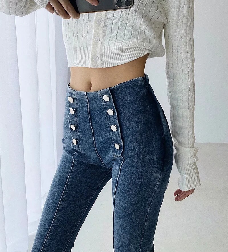 Skinny Double-breasted Four Buttons High Waist Pencil Jeans Women Slim Fit Stretch Denim Pants Full Length Tight Trousers 210429