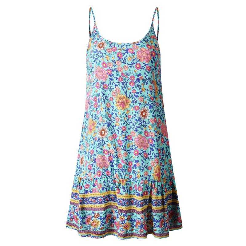 Summer Holiday Dress Floral Print Women Sexy Beach Dress Boho Party Mini Dress V-Neck Spaghetti Strap Femme Robe G1266 210630