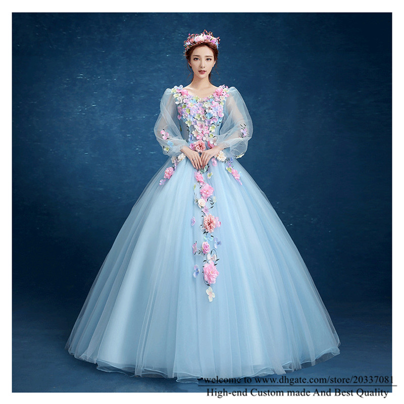 Quinceanera Dresses 2021 Sexy V-Neck Flowers Party Prom Formal Lace Up Princess Long Sleeve Ball Gown Tulle Vestidos De 15 Anos Q36