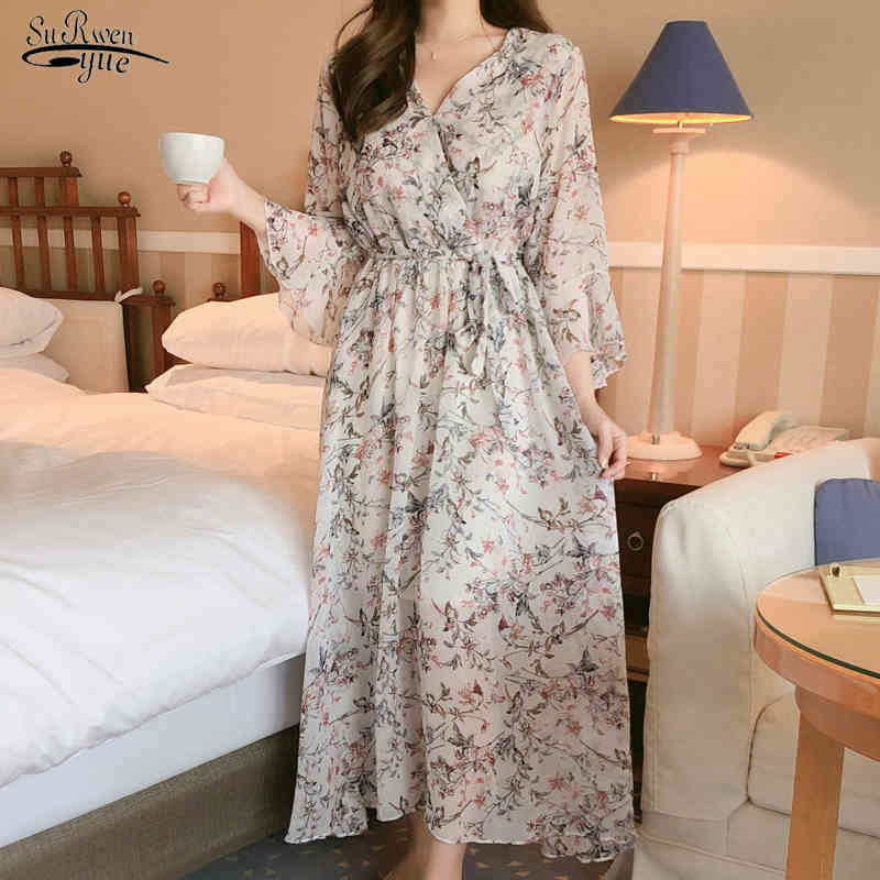 Casual Plus Size Flare Short Sleeve Print Chiffon Dress Summer Vintage Floral Midi Long Dresses Women V-neck Vestidos 10451 210508