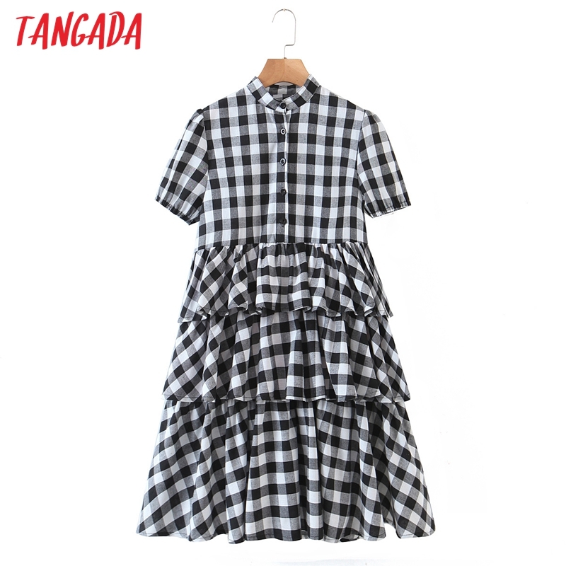 Summer Women Plaid Print Shirt Short Sleeve Ruffles Ladies Mini Dress Vestidos QW92 210416