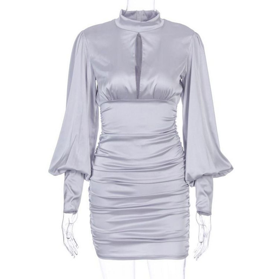 Free Sexy Satin Bodycon Mini Dress Women Stand Collar Lantern Sleeve Hollow Draped Club Party Vestidos 210524