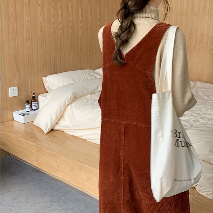 2colors autumn long dress korean style soild color loose vintage spaghetti strap dress womens corduroy tank dress (X1668) 210423