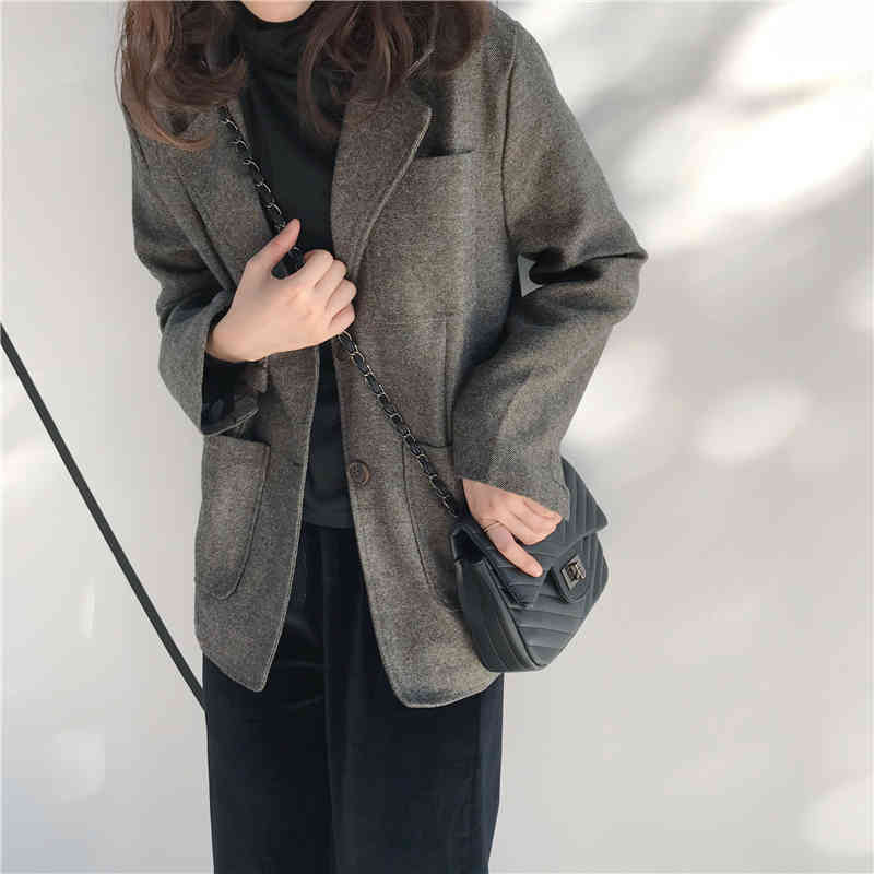 Elegant Blazers Women Vintage Work Wear Blazer Loose Formal OL Single-breasted Thick Suit Collar Jacket Female 210421