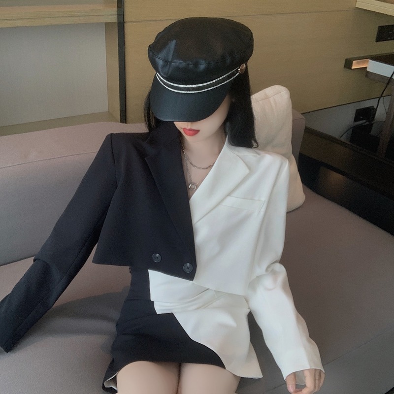 Kimutomo Fashion Two Piece Set Women Hong Kong Style Black White Patchwork Blazers and High Waist Mini Skirt Spring Chic 210521