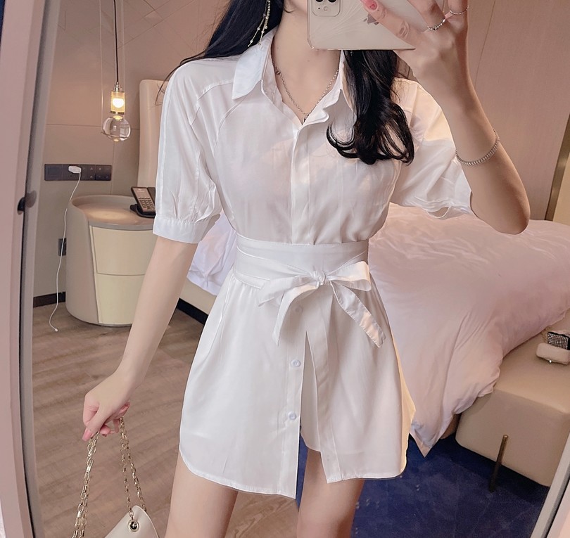 Korean Fashion Summer Two Piece Set Casual Women Short Sleeve Elegant Belt Long Shirt + Mini Shorts Suit 210518
