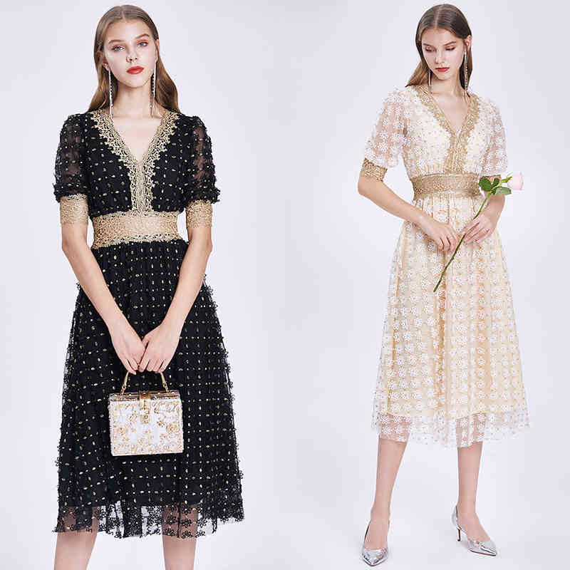 Elegant Patchwork Embroidery Dresses Female V Neck Puff Short Sleeve High Waist Hollow Out Women Fashion Summer Lace 210506